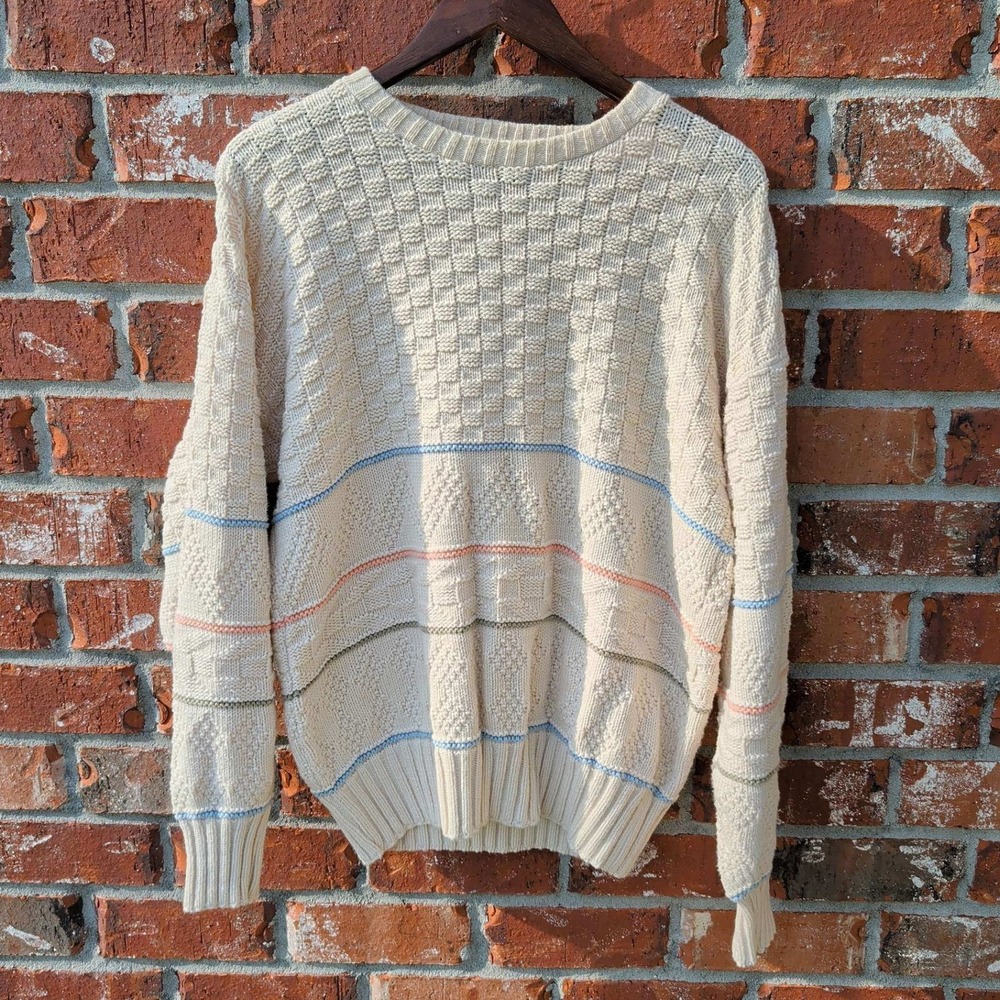 Hunt Club Sweater Womens Medium Cream Textured Knit Striped Vintage Made in USA